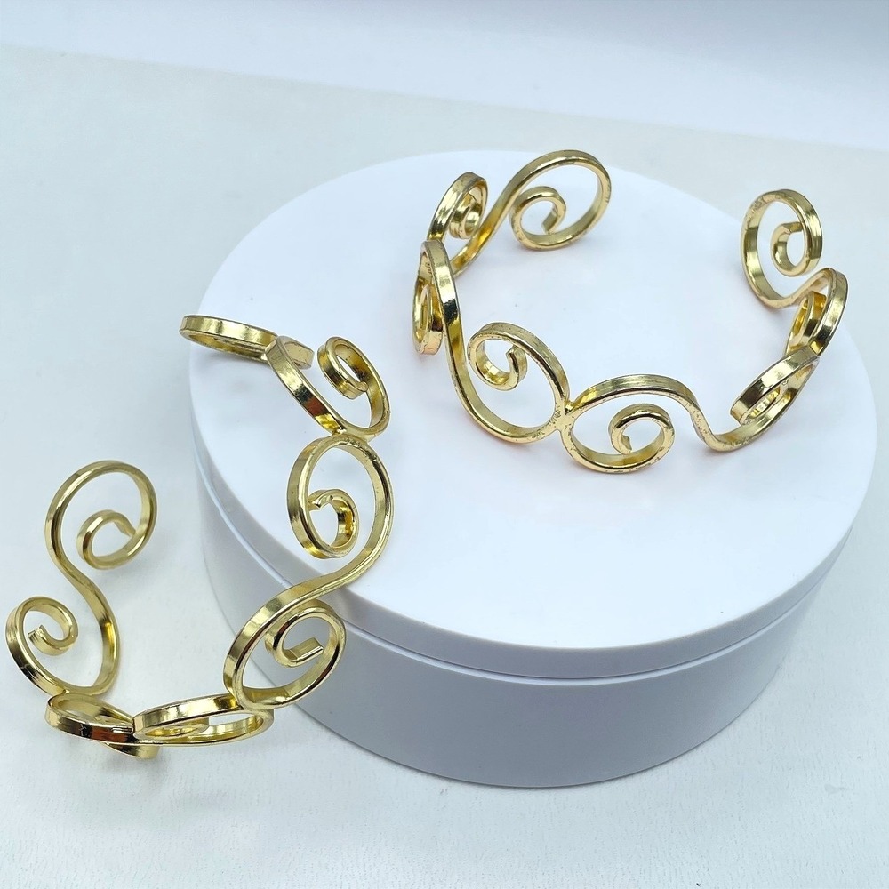 Vintage‎ Gold Tone Lot Of 2 Metal Swirl Spiral Cuff Open Cuff Bangles Bracelet